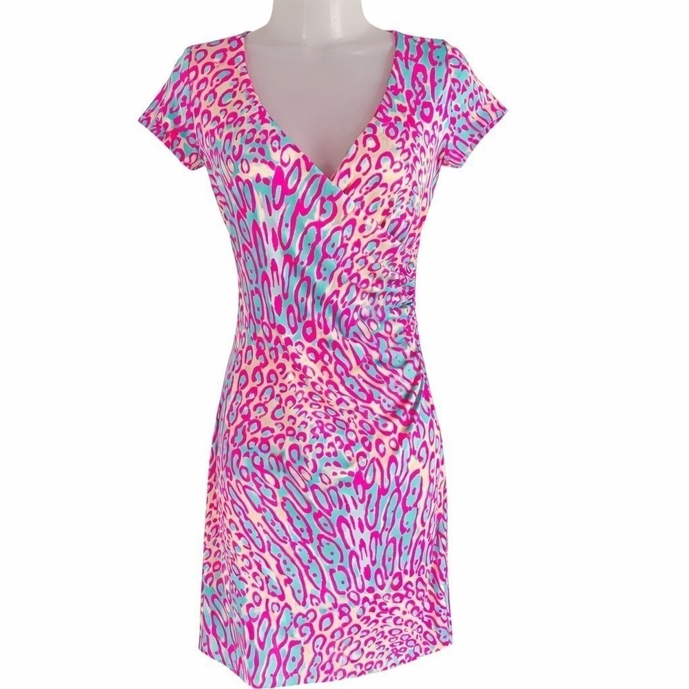 Julie Brown NYC XS Pink Blue Tropical Faux Wrap Dress NWT Resort